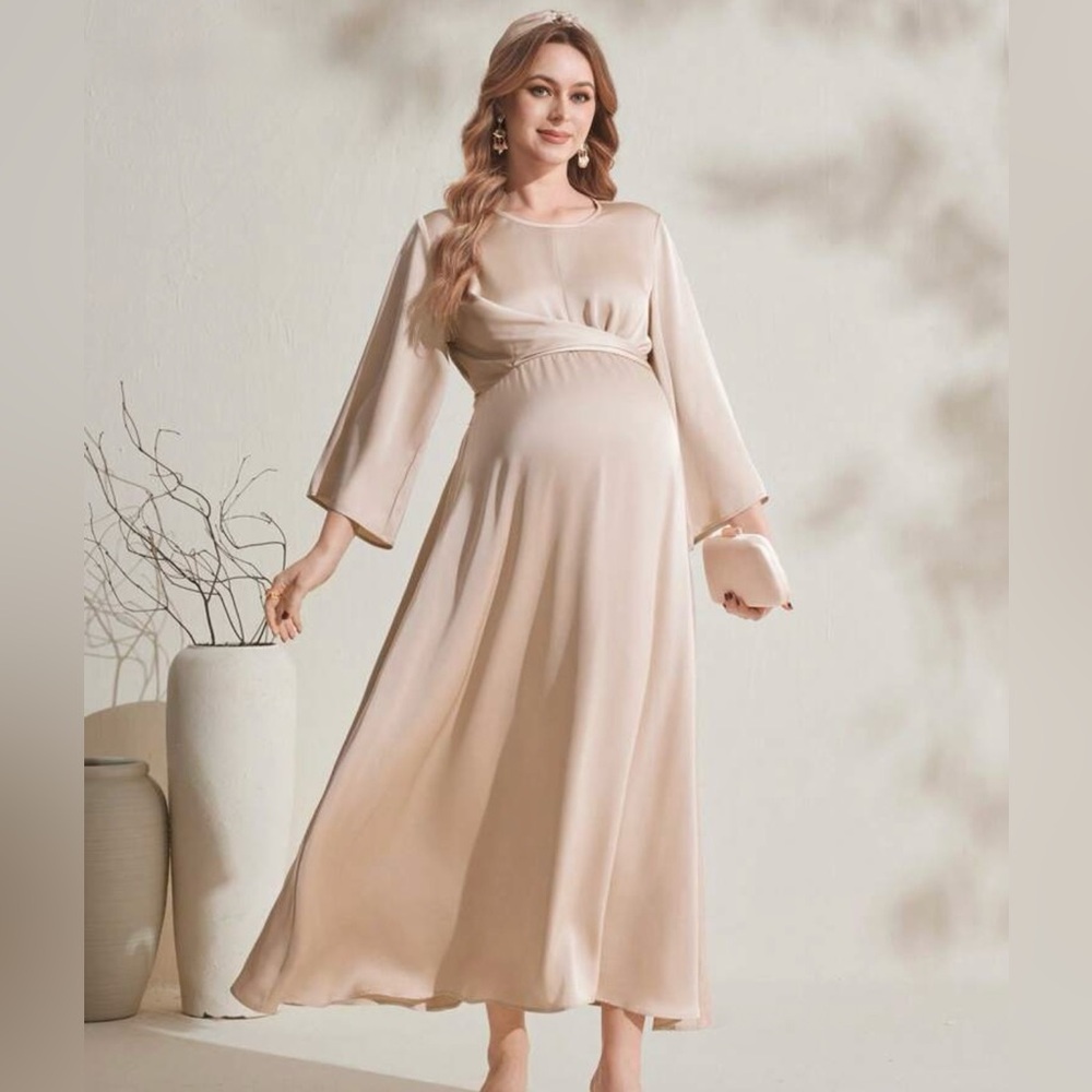 Elegant Cream Long Sleeve Maternity Dress